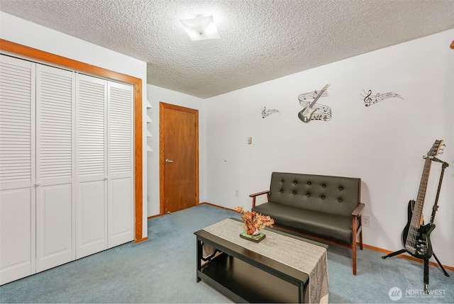 sitting room featuring carpet and a textured ceiling