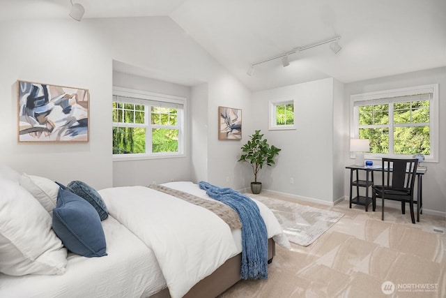 26108 SE 27th St, Sammamish, WA 98075 - carpeted bedroom featuring track lighting, vaulted ceiling, and baseboards