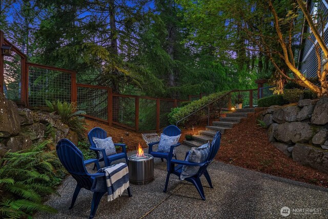 26108 SE 27th St, Sammamish, WA 98075 - view of patio featuring an outdoor fire pit, stairs, and fence