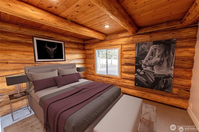 bedroom featuring wooden ceiling, beamed ceiling, carpet, log walls, and recessed lighting