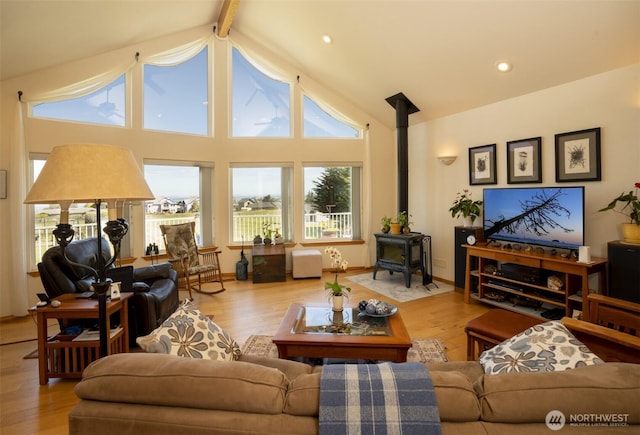 162 W Nelson Rd, Sequim, WA 98382 - living area featuring a wood stove, wood finished floors, and recessed lighting
