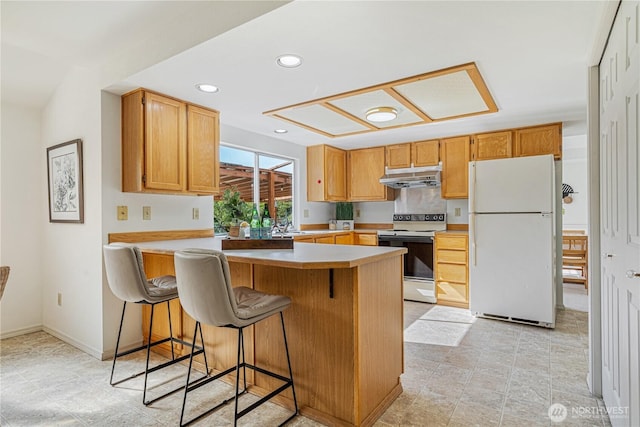 kitchen with freestanding refrigerator, range with electric cooktop, under cabinet range hood, a peninsula, and light countertops