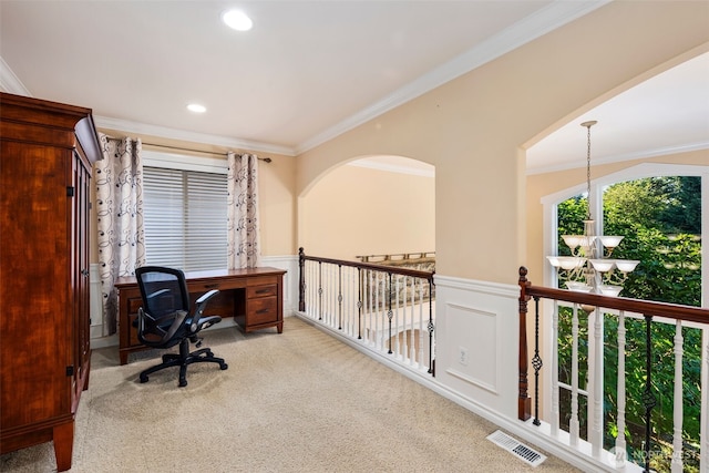 13106 SE 261st Pl, Kent, WA 98030 - office area featuring carpet, ornamental molding, wainscoting, recessed lighting, and a chandelier