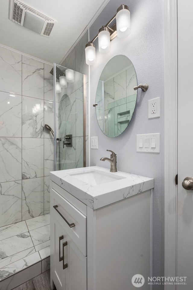 13106 SE 261st Pl, Kent, WA 98030 - bathroom with vanity and a marble finish shower