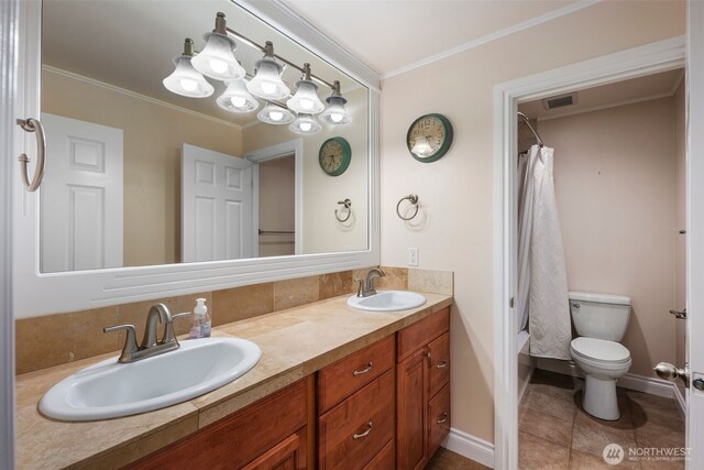 13106 SE 261st Pl, Kent, WA 98030 - full bathroom featuring double vanity, ornamental molding, shower / bath combination with curtain, and tile patterned flooring