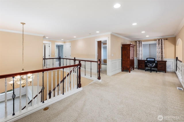 13106 SE 261st Pl, Kent, WA 98030 - hall with an upstairs landing, recessed lighting, a desk, crown molding, and carpet flooring