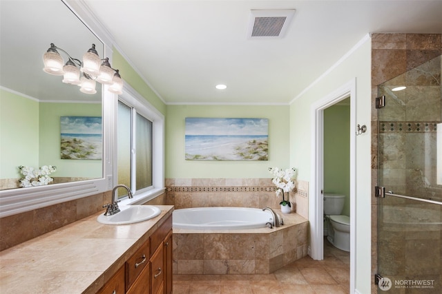 13106 SE 261st Pl, Kent, WA 98030 - bathroom featuring a bath, vanity, a stall shower, ornamental molding, and tile patterned flooring