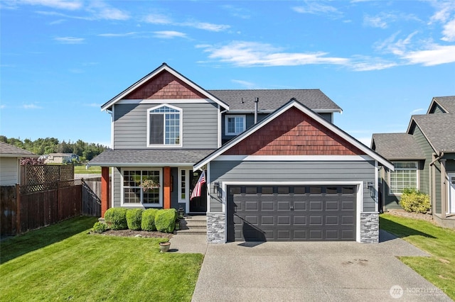 view of front of property featuring a garage, concrete driveway, a shingled roof, and stone siding