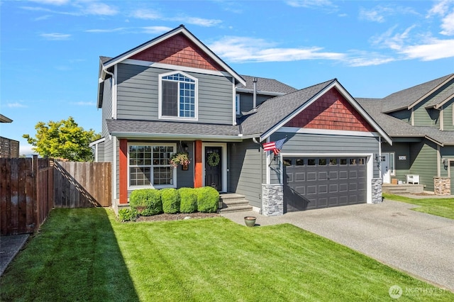 craftsman-style house with an attached garage, concrete driveway, a shingled roof, and stone siding