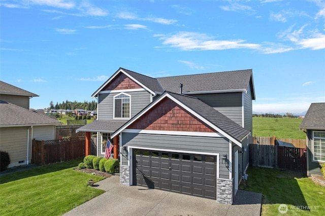 view of front of house with driveway, a garage, a shingled roof, and stone siding