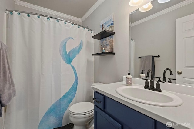 full bathroom with ornamental molding, toilet, and vanity