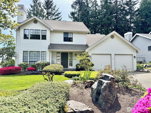 332 162nd Pl SE, Bothell, WA 98012 - traditional-style home with an attached garage, roof with shingles, driveway, a front lawn, and a chimney