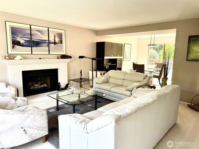 332 162nd Pl SE, Bothell, WA 98012 - living room with light carpet, a textured ceiling, and a fireplace