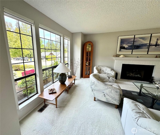 332 162nd Pl SE, Bothell, WA 98012 - living room featuring carpet floors, healthy amount of natural light, a textured ceiling, and a fireplace