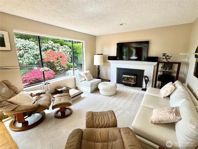 332 162nd Pl SE, Bothell, WA 98012 - carpeted living room with a brick fireplace and a textured ceiling