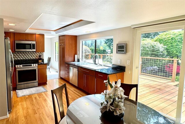 332 162nd Pl SE, Bothell, WA 98012 - kitchen featuring appliances with stainless steel finishes, a sink, light wood-type flooring, dark countertops, and backsplash