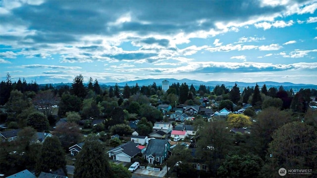 aerial perspective of suburban area with a mountain backdrop
