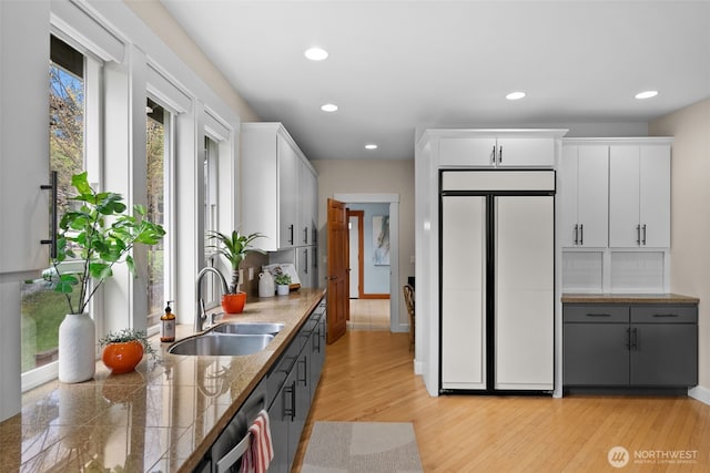 257 3rd Ave, Fox Island, WA 98333 - kitchen with paneled refrigerator, a sink, white cabinetry, light wood finished floors, and tile counters