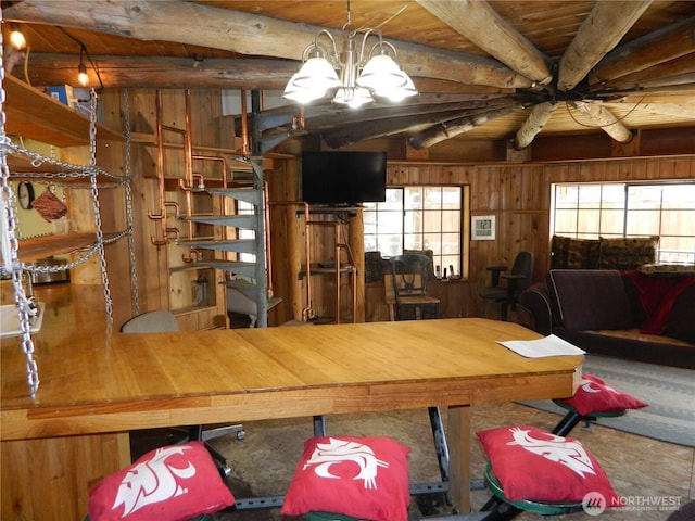 0 High Country Dr W, Tonasket, WA 98855 - dining room featuring beamed ceiling, wooden walls, and a chandelier