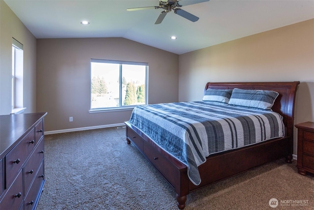 6130 Pacific Heights Dr, Ferndale, WA 98248 - bedroom featuring dark carpet, vaulted ceiling, baseboards, ceiling fan, and recessed lighting