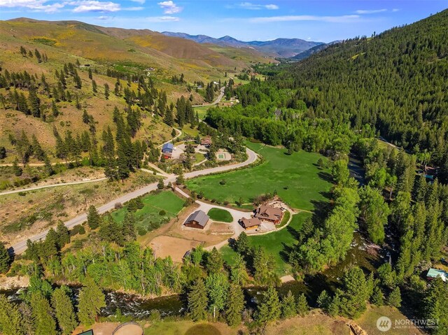 aerial overview of property's location with a heavily wooded area and mountains