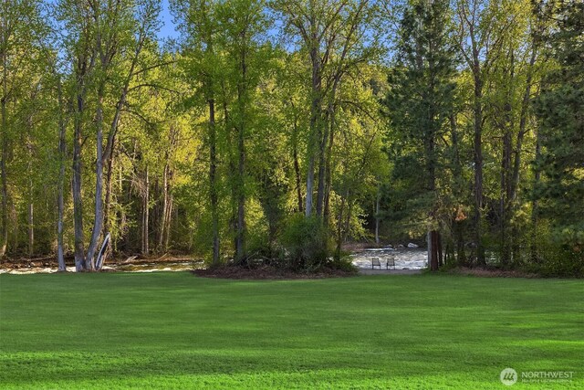 view of community with a lawn and a wooded view