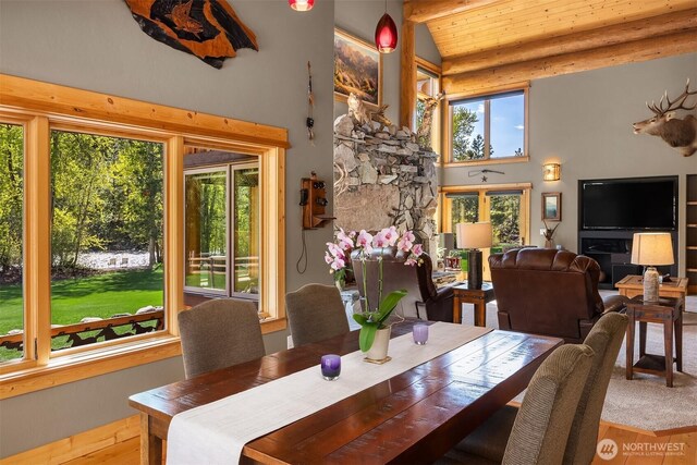 dining area with wood ceiling, high vaulted ceiling, and wood finished floors