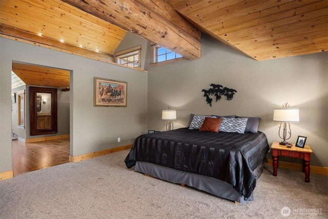 carpeted bedroom featuring wooden ceiling, baseboards, and high vaulted ceiling