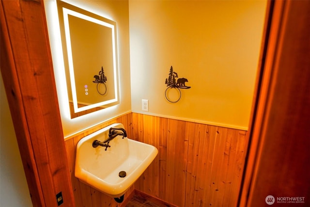 31314 555th Street Ct E, Ashford, WA 98304 - bathroom with a sink, a wainscoted wall, and wooden walls