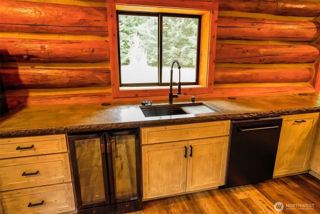 31314 555th Street Ct E, Ashford, WA 98304 - kitchen featuring wine cooler, a sink, dark wood finished floors, dishwasher, and log walls