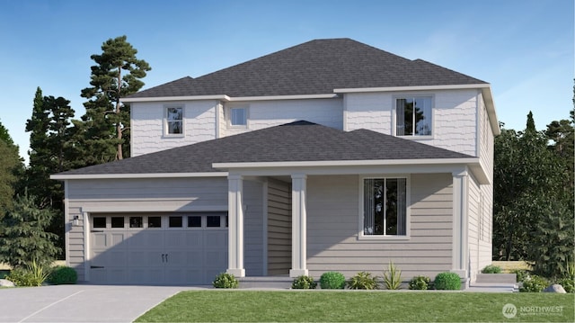 traditional-style home with driveway, an attached garage, roof with shingles, and a front yard