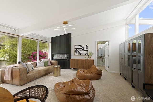 living room with light carpet and baseboards