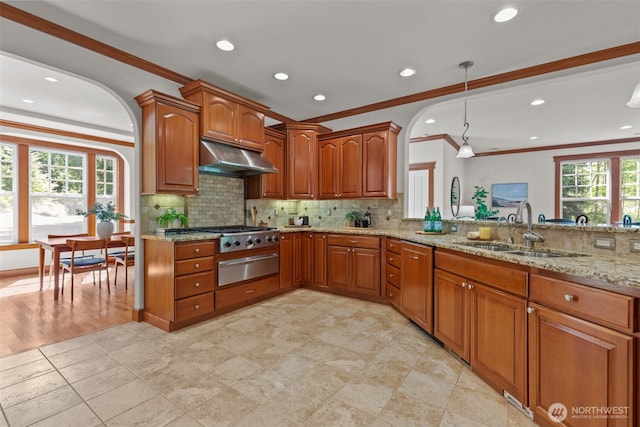 13514 95th Ave NE, Arlington, WA 98223 - kitchen featuring a sink, a warming drawer, crown molding, under cabinet range hood, and arched walkways