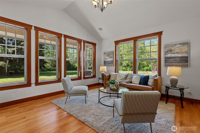 13514 95th Ave NE, Arlington, WA 98223 - living area with lofted ceiling, light wood finished floors, baseboards, and a chandelier