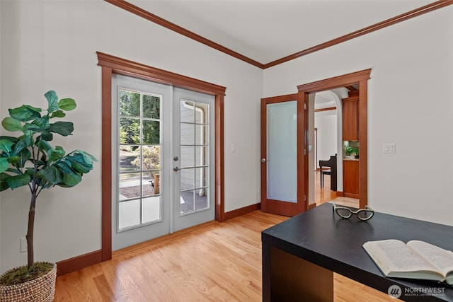 13514 95th Ave NE, Arlington, WA 98223 - doorway to outside featuring french doors, light wood finished floors, baseboards, and ornamental molding