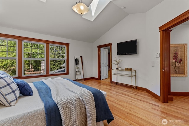 13514 95th Ave NE, Arlington, WA 98223 - bedroom with a skylight, vaulted ceiling, light wood-type flooring, and baseboards