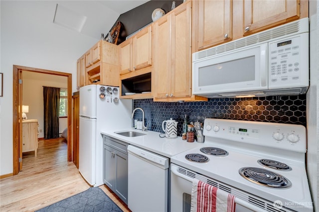 7537 Canyon View Dr, Glacier, WA 98244 - kitchen featuring white appliances, a sink, tasteful backsplash, and light countertops
