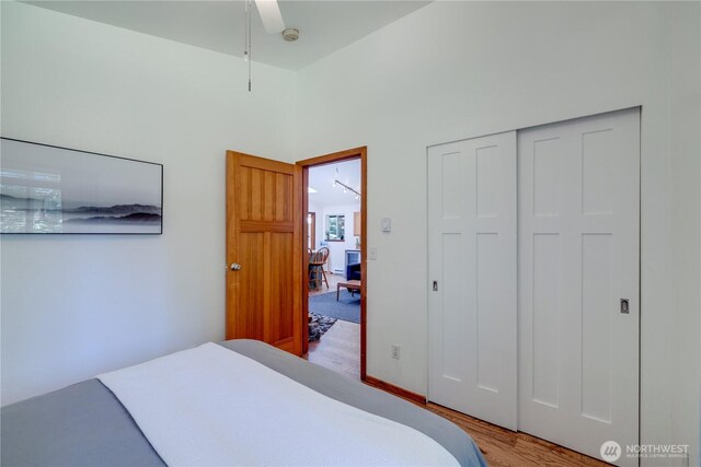 7537 Canyon View Dr, Glacier, WA 98244 - bedroom featuring wood finished floors, a closet, and a towering ceiling