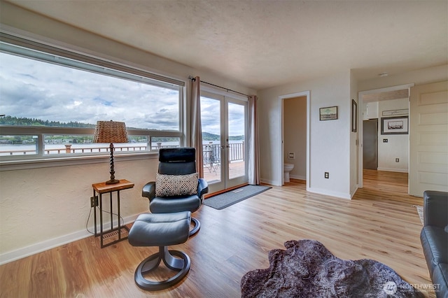 living area with french doors, light wood finished floors, and baseboards