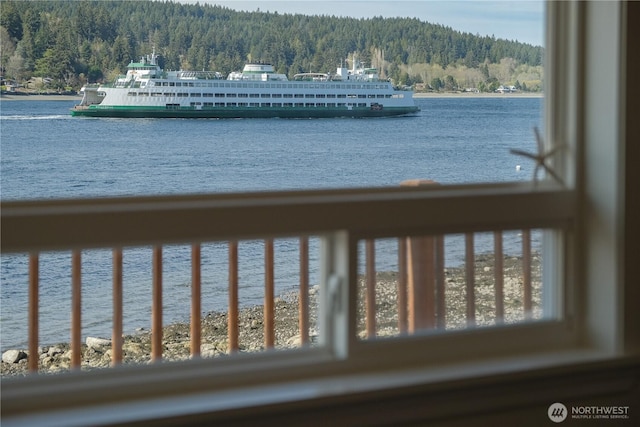 water view featuring a heavily wooded area