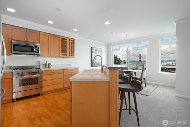 kitchen with stainless steel appliances, a sink, crown molding, plenty of natural light, and a kitchen bar