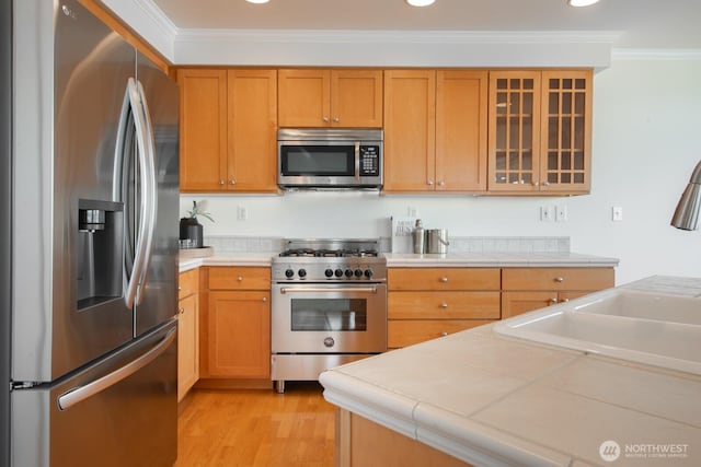 kitchen featuring appliances with stainless steel finishes, ornamental molding, a sink, light wood-style floors, and tile counters