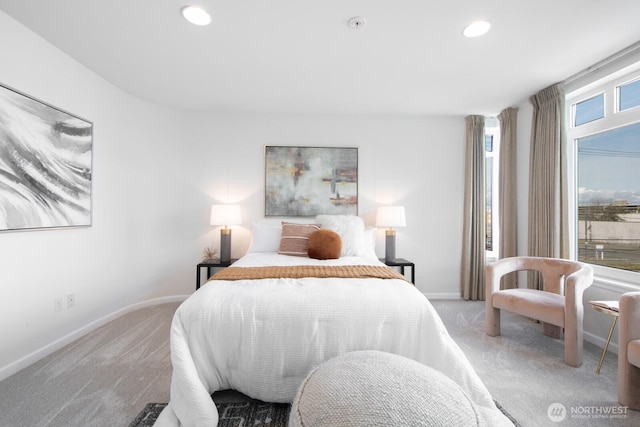 bedroom featuring carpet, recessed lighting, and baseboards