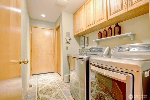 42809 Rivers Edge Ct, Concrete, WA 98237 - laundry room featuring independent washer and dryer, cabinet space, stone tile flooring, and recessed lighting