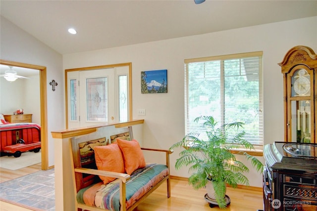 42809 Rivers Edge Ct, Concrete, WA 98237 - living area with wood finished floors, a ceiling fan, baseboards, recessed lighting, and vaulted ceiling