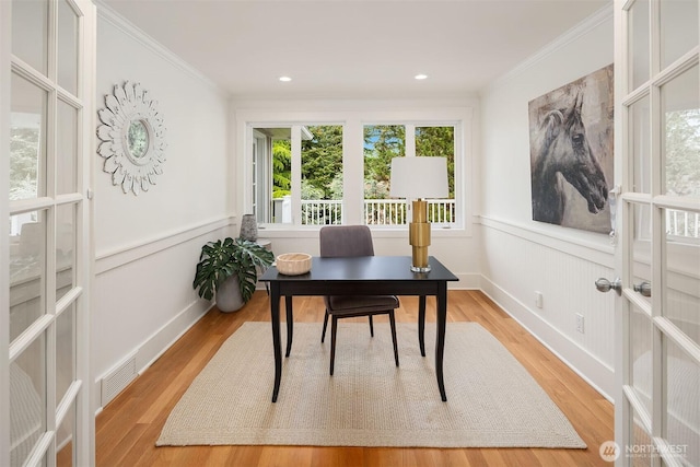3204 Evergreen Point Rd, Medina, WA 98039 - office space with crown molding, wood finished floors, wainscoting, and recessed lighting