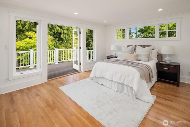 3204 Evergreen Point Rd, Medina, WA 98039 - bedroom with access to outside, light wood-type flooring, recessed lighting, baseboards, and crown molding