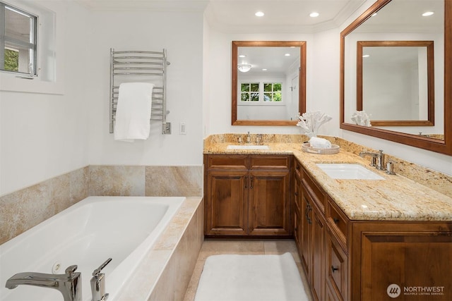3204 Evergreen Point Rd, Medina, WA 98039 - full bath with radiator heating unit, double vanity, a bath, recessed lighting, and crown molding