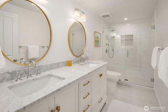 3204 Evergreen Point Rd, Medina, WA 98039 - full bathroom with marble finish floors, a stall shower, double vanity, toilet, and recessed lighting