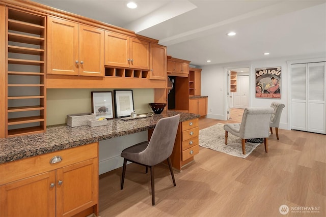 3204 Evergreen Point Rd, Medina, WA 98039 - home office featuring built in desk, light wood-style floors, and recessed lighting